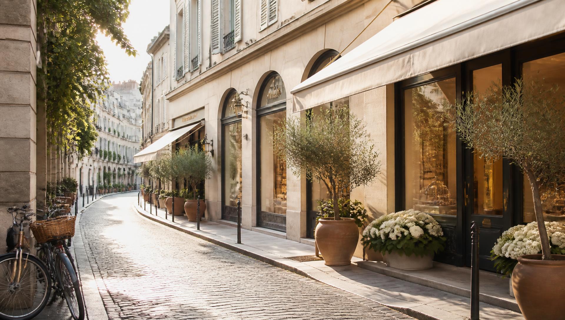 A sunlit cobblestone shopping street lined with boutique windows and awnings