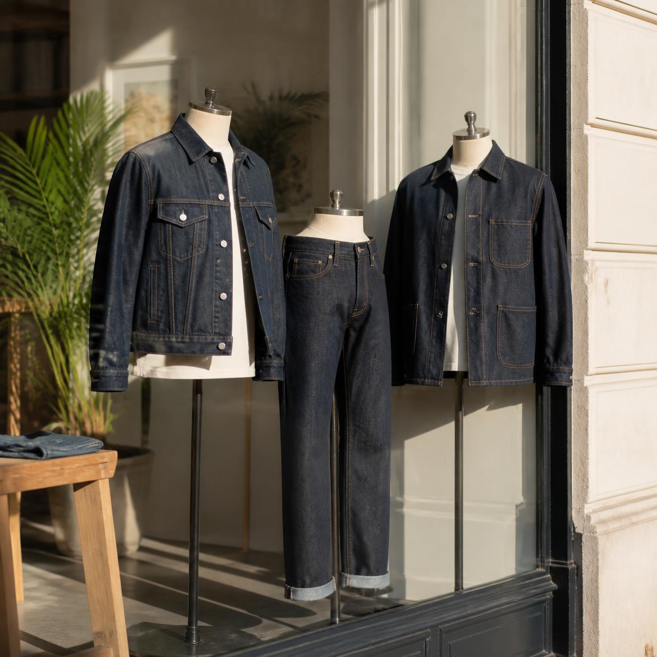 Bright shop window showing organic raw denim jackets and jeans on a brass rail