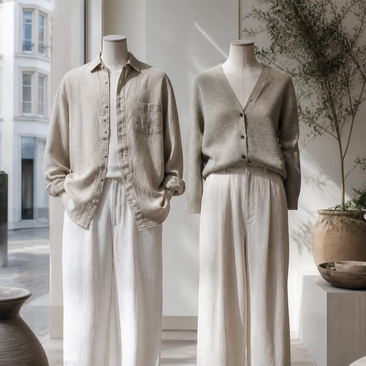 Organic linen garments on wooden hangers in a bright Vestre boutique window
