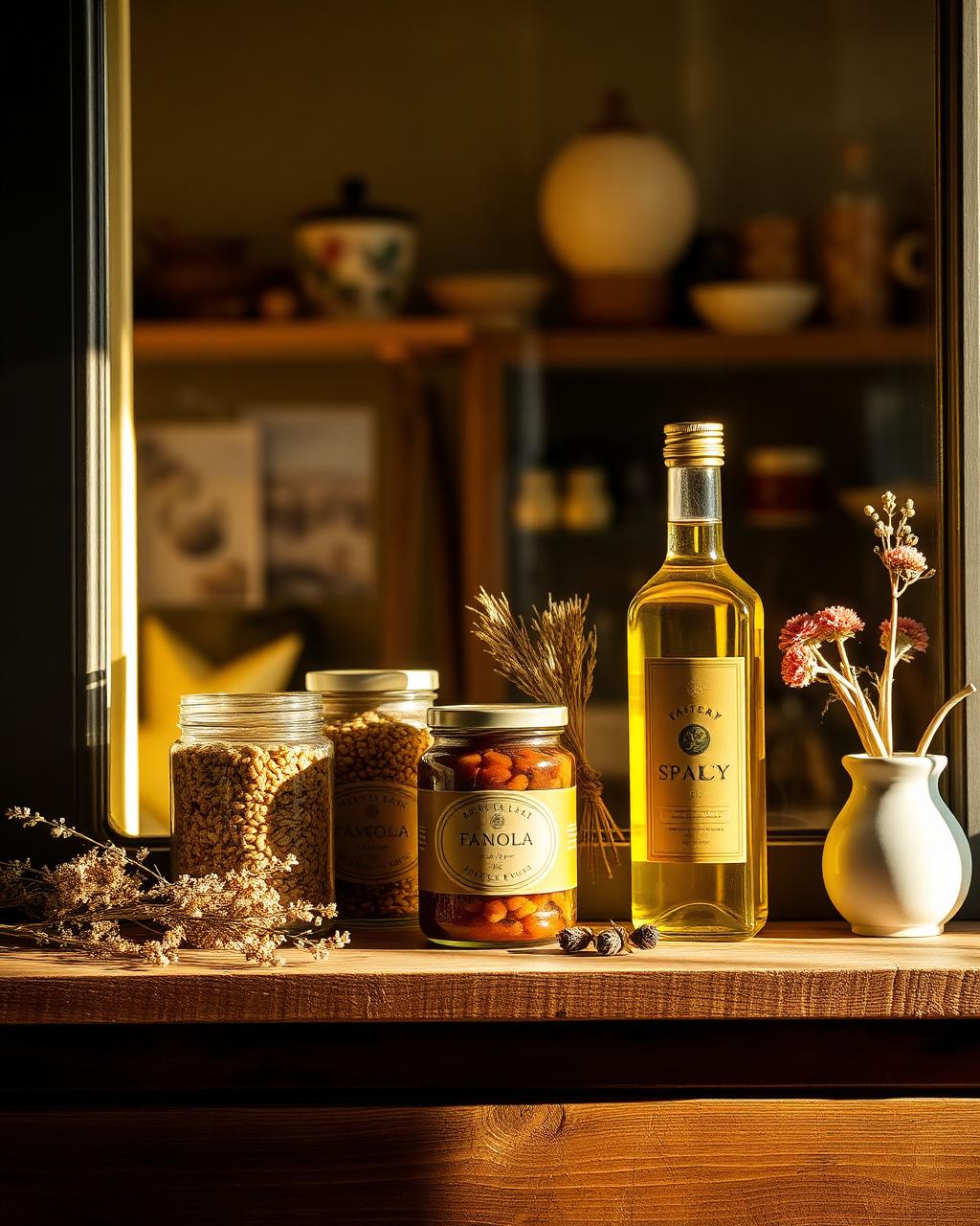 Ceramic jars of granola, honey and preserves on a wooden counter in the Fora pantry window